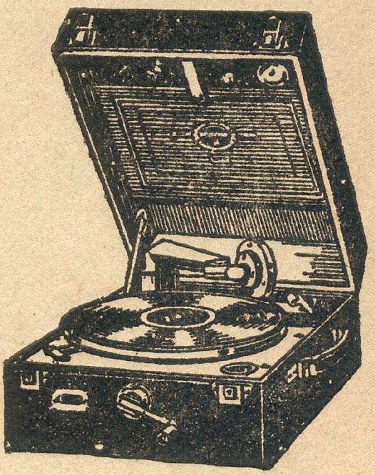 Rejsegrammofon fra 1930'ernes reklamerende pladeomslag
